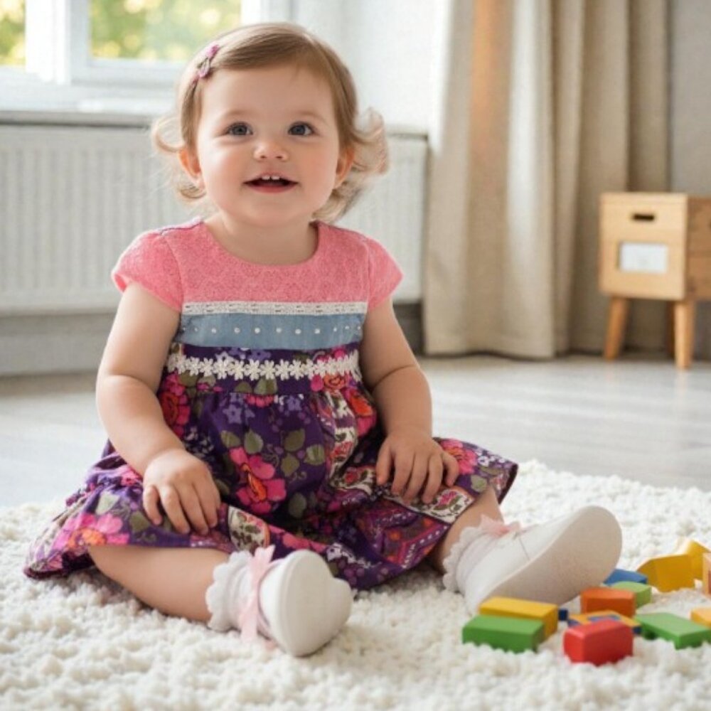 Youngland Baby Floral Lace Ruffle Mixed Media Lightweight Dress Size 12 Months